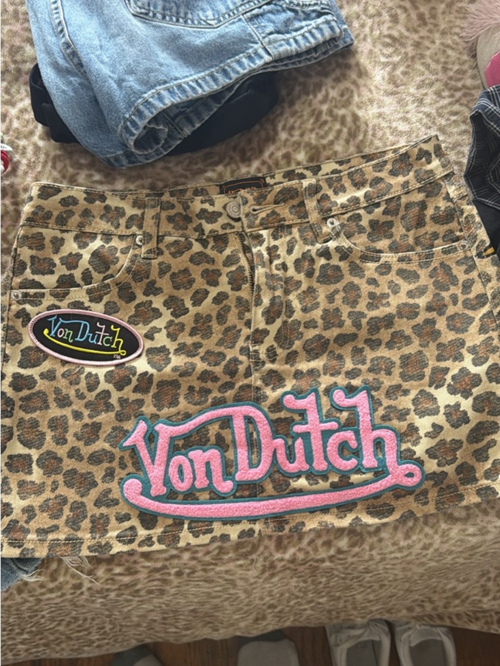 Von Dutch Leopard Print Denim Skirt with Orange Logo Patch